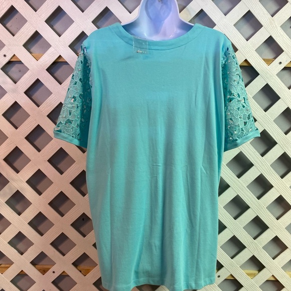 Quacker Factory Floral Pearl & Lace Snap Front Elbow Sleeve Cardigan Aqua XL - Picture 2 of 5